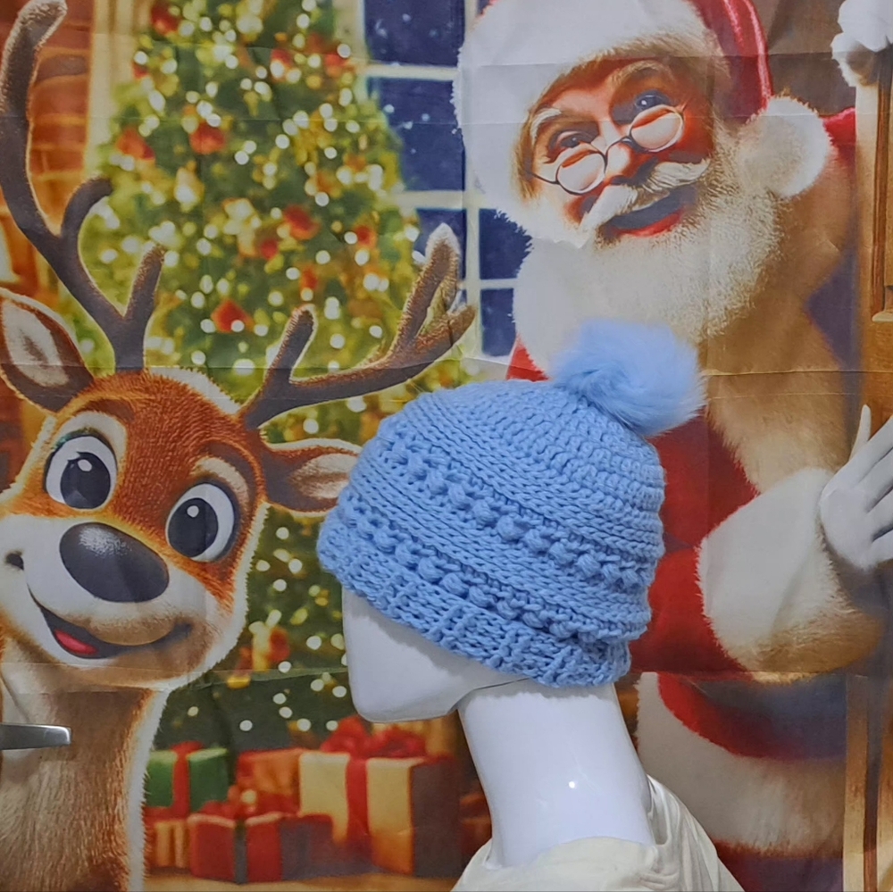 Cozy Blue Crochet Pom-Pom Hat